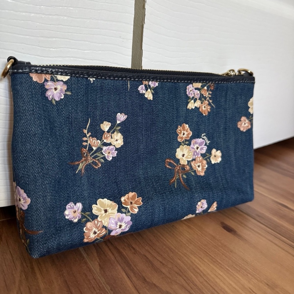 Coach zip top denim clutch with painted floral print - Picture 2 of 9